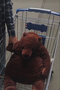 a teddy bear sitting in a shopping cart