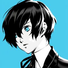 an anime character with black hair and blue eyes