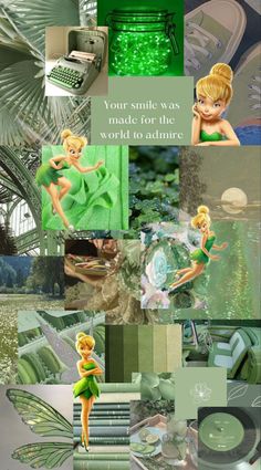 the tinkerbell fairy movie poster is shown in green and has pictures of tinkerbells