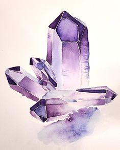 watercolor painting of crystals on white paper with purple and blue hued background,