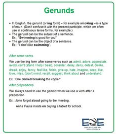 a green and white sign that says gerunds in english, there is an image of