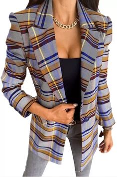 Women Printing Plaid Blazers Notched Single Button Slim Blazer Long Sleeve Pockets Office Lady Tops Elegant Casual Autumn Winter Slim Blazer, Womens Suits Business, Single Button Blazer, Printed Blazer, Coat Outfits, Womens Blazers, Long Sleeve Blazers, Long Sleeve Plaid, Casual Blazer