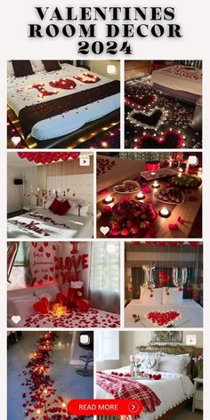 valentine's room decor with candles and hearts on the bed in red, white and black