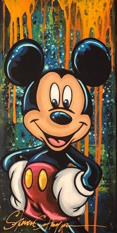 a painting of mickey mouse with paint drips on it