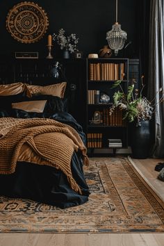 29 Black Boho Bedroom Ideas 14 Moody Maximalist Boho Decor, Dark Wood And Metal Decor, Black Rust And Green Bedroom, Dark Calming Bedroom, Cozy Modern Boho Bedroom, Art Inspired Bedroom, Cabin Style Apartment, Dark Cabin Bedroom Aesthetic, Book Inspired Bedroom