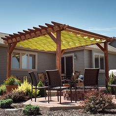 a patio covered in yellow shade next to a house