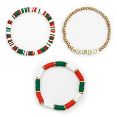 "Find the Red, White & Green Merry Christmas Beaded Bracelet Set by Celebrate It™ at Michaels. Including a \"Merry\" message written in gold letter alphabet cubes and two heishi bead styles in red, white and green, this Christmas accessory trio will make a cheerful addition to your December apparel. Show off your holiday flair with this cute bracelet set from Celebrate It. Including a \"Merry\" message written in gold letter alphabet cubes and two heishi bead styles in red, white and green, this Christmas Braclets Ideas Clay Beads, Holiday Clay Bead Bracelets, Bracelet Combos, Bead Styles