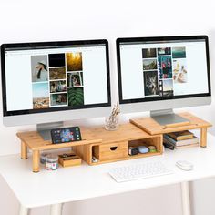 two computer monitors sitting on top of a white desk next to each other with pictures on them