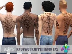 A collection of eight upper/full back tattoos featuring knotwork designs. Found in TSR Category 'Sims 4 Male Tattoos' Sims4 Tattoos, University Hoodies, Cc Skin, Tattoos Male, Left Arm Tattoos, Cc Packs, Sims 4 Cc Download