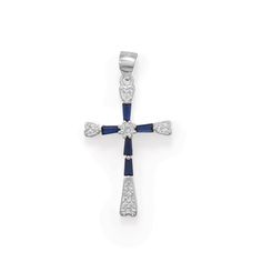 Pendants Rhodium Plated Blue CZ Cross Pendant angelucci-jewelry Citrine Crystal Necklace, Bead Bar, Blue Cross, Blue Plates, Sterling Silver Cross, Cross Jewelry, Freshwater Cultured Pearls, Crystal Pearls, Stainless Steel Necklace