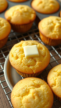 muffins cooling on a wire rack with a piece of butter in the middle