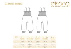 the size and measurements of an adult's pants for children, including two sizes