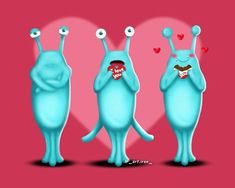 three blue cartoon characters standing in front of a heart shaped object with eyes on it