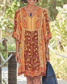 Casual Knee-length Boho Print Dress, Casual Knee-length Boho Dress With Boho Print, Casual Boho Dress With Boho Print, Knee-length, Casual Boho Dress With Knee-length Boho Print, Printed Knee-length Bohemian Dress, Brown Paisley Print Summer Dress, Orange Bohemian V-neck Boho Dress, Bohemian Shift V-neck Dress, Bohemian Knee-length Paisley Print Dress