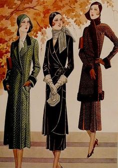 1930s Fall Fashions color illustration print ad women style vintage looks coat skirt suit hat gloves purse shoes fall winter black green grey brown 40's Fashion, Fall Fashion Colors, 30s Style, 1930's Style, 1930's Fashion, Fall Fashion Coats, 1930s Style