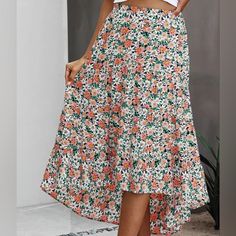 Size Small High Waist Skirt Multicolored Elastic In The Back Of Waist Pink Floral Print Maxi Skirt For Day Out, White Floral Print Asymmetrical Skirt, White Asymmetrical Skirt With Floral Print, White Asymmetrical Floral Print Skirt, Pink Floral Print Maxi Skirt For Vacation, Pink Asymmetrical Maxi Skirt For Spring, Spring Pink Asymmetrical Maxi Skirt, Casual Multicolor Floral Print Skirt, Pink Floral Print Summer Maxi Skirt