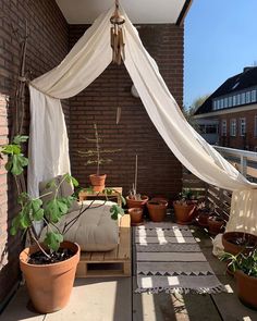 an outdoor patio with potted plants and curtains