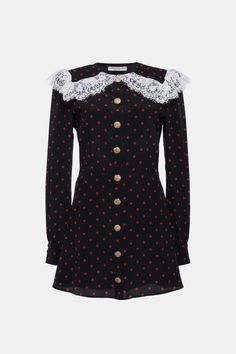 POLKA DOT PRINT SILK MINI DRESS WITH JWL BUTTONS – Alessandra Rich Zimmerman Mini Dress, Polka Dot Mini Dress, Denim Coat