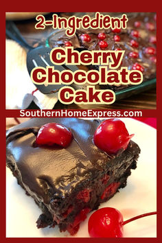 two ingredient cherry chocolate cake on a plate with cherries