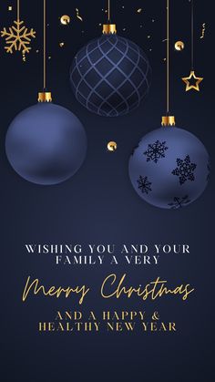 merry christmas and happy new year greeting card with two blue ornaments hanging from the ceiling