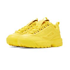 Leather; Embroidered FILA logos on tongue, quarter, and back counter; Debossed FILA linear logo on midsole; Tonal midsole and outsole; lightweight EVA Yellow Leather Adidas Sneakers, Adidas Yellow Running Shoes For Streetwear, Yellow Synthetic Sneakers With Waffle Outsoles, Yellow Urban Synthetic Sneakers, Yellow Synthetic Skate Shoes For Streetwear, Fila Sneakers, Sneakers Online, ? Logo, Sneakers