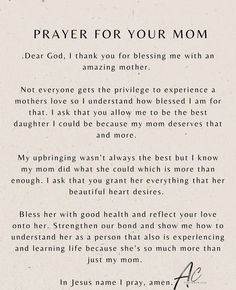 a poem written in black and white with the words prayer for your mom on it