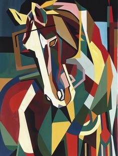 an abstract painting of a horse with multicolored lines on it's face