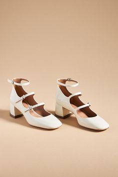 Leather upper, insole Plastic heel Rubber sole Buckle styling Imported | Triple-Strap Mary Jane Heels by Vicenza in Beige, Women's, Size: 41, Leather/Plastic/Rubber at Anthropologie Beige Heels Outfit, White Mary Jane Heels, Dress Shoes Outfit, Kitten Heels Wedding, Comfortable Wedding Heels, 60s Wedding, Boho Wedding Shoes, Unique Wedding Shoes, Wedding Shoes Vintage