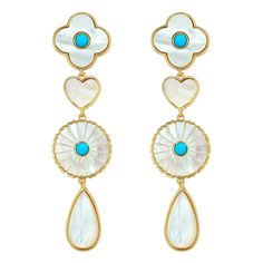 Our stunning Angelina earrings are showstoppers! 14k gold dipped mother of pearl shapes with turquoise cabs. 3" L x .75" W Elegant Turquoise Jewelry With Mother Of Pearl, Elegant Turquoise Mother Of Pearl Jewelry, Dress Reference, Spiked Jewelry, Jewelry Presentation, Her Aesthetic, H.e.r Aesthetic, Birthday Bag, Coil Bracelet