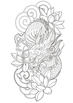 a dragon and flowers tattoo design on a white background