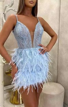 Short Feather Dress, Blue Feather Dress, 16th Birthday Outfit, Evening Mini Dresses, Mini Light, Light Sky Blue, Blue Party, Short Prom Dress, Club Dress