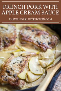 french pork with apple cream sauce in a cast iron skillet