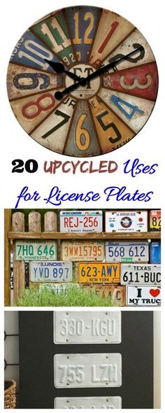 several different types of signs and numbers are shown with the words upcycled uses for license plates