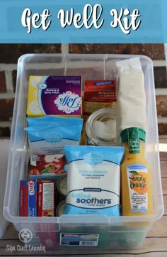 a plastic container filled with food and the words get well kit written in white above it