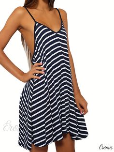 Eromis - Womens Striped Backless Cami Dress: Elegant Plunging V-neck Spaghetti Strap Dress, Fashionable and Alluring V-neck Sundress Suspender Dress For Beach, Summer V-neck Suspender Dress For Beach, Summer V-neck Mini Dress With Built-in Bra, V-neck Mini Dress With Straps For Day Out, V-neck Sundress Suspender Dress For Brunch, Summer V-neck Sundress With Straps, Beach Maxi Dress With Built-in Bra And Spaghetti Straps, Summer Beach Maxi Dress With Built-in Bra, Beach Sundress With V-neck Suspender