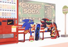 two cartoon characters sitting on a bench in front of a vending machine