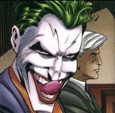 the joker in batman comics is smiling and looking at another man with green hair on his head