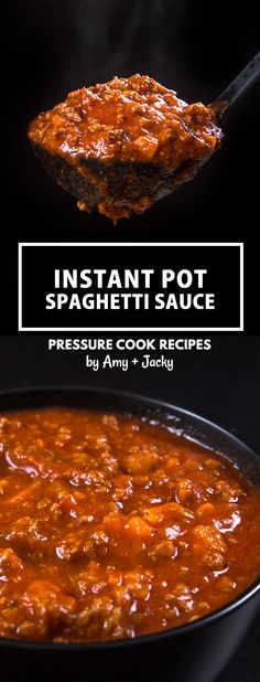 an image of instant pot spaghetti sauce in a skillet with the words instant pot spaghetti sauce on it