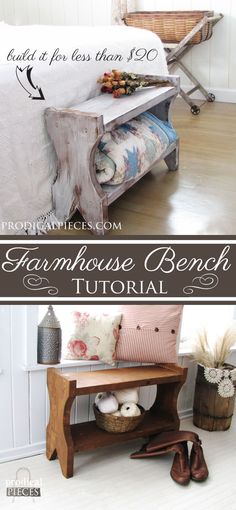 the farmhouse bench is made from an old piece of wood and has been turned into a bed