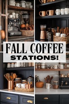 coffee station with black cabinets and gold accents in the fall / winter season, including copper mugs