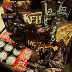 a basket filled with lots of different types of snacks