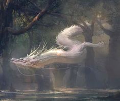 a white dragon is flying over the water in front of some trees and foggy sky