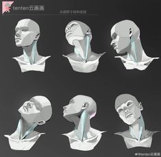 various angles of the head and neck of a person with multiple facial expressions, in different positions