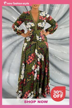 knowfashionstyle Multicolor Fashion Casual Print Patchwork V Neck Long Sleeve Dresses Cheap Maxi Dresses, White Fashion Casual, Floral Dresses Long, Red Dress Short, Long Sleeve Dresses, Maxi Dress Online, Green Long Sleeve, Floral Print Maxi Dress, Sleeve Dresses