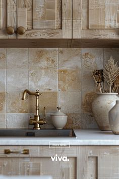 a kitchen with white cabinets and gold faucet on the counter top next to a sink