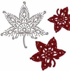 two crocheted poins are shown in red and white, one has a leaf on it