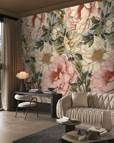 a living room filled with furniture and flowers on the wall