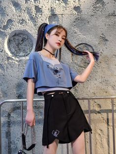 Blue Rose Crop Top & Shorts Korean Blue Outfit, Crop Tops With Shorts, Rose Crop Top, Kawaii Harajuku Fashion, Shorts Korean, Crop Top Shorts, Korean Summer Outfits, Top Korean, Korean Clothes