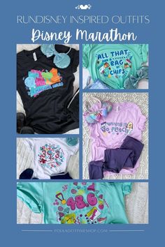 disney shirts and other items are featured in this collage with the words, rundisney inspired outfits