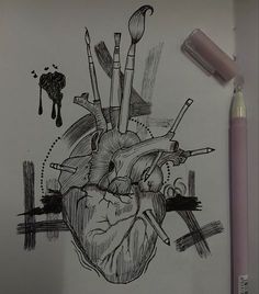 a pencil drawing of a heart with paint brushes and crayons on the side